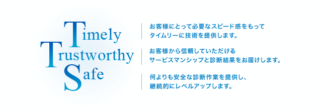 Timely[お客様にとって必要なスピード感をもってタイムリーに技術を提供します。] Trustworthy[お客様から信頼していただけるサービスマンシップと診断結果をお届けします。] Safe[何より安全な診断作業を提供し、継続的にレベルアップします。]